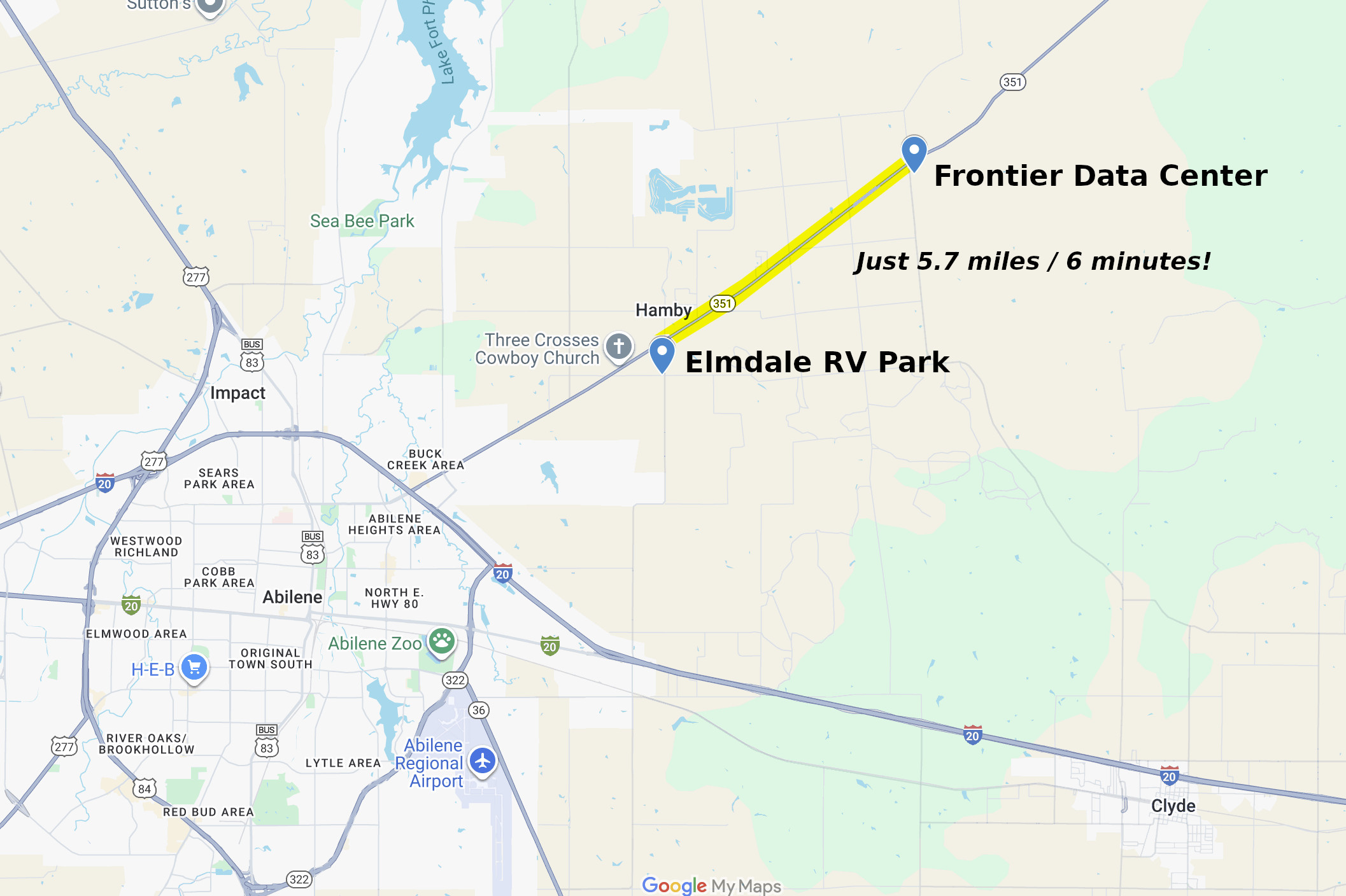 Map showing distance from Frontier Data Center to Elmdale RV Park